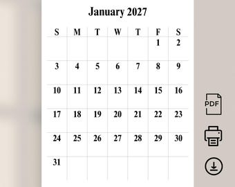 Calendario mensual vertical 2027, calendario de pared 2027, elegante planificador 2027, imprimible en PDF, tamaño carta A4, vertical 2027, números grandes, fácil de leer.