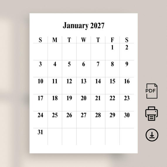 2027 Monthly Calendar Portrait 2027 Wall Calendar Classy 2027 Planner  Printable PDF A4 Letter Size Portrait 2027 Big Number Easy to Read - Etsy