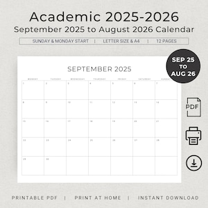 Academic Planner 2025-2026 September 2025 to August 2026 Monthly Calendar Landscape PRINTABLE PDF Teacher Back to School Study Planner 25-26