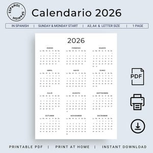 Calendario 2026 Calendario en Español 2026 Calendario Imprimible Calendar Spanish 2026 Printable Minimalist Wall Calendar A3 A4 Letter Size