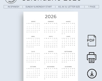Calendario 2026 Calendario en Español 2026 Calendario Imprimible Calendar Spanish 2026 Printable Minimalist Wall Calendar A3 A4 Letter Size