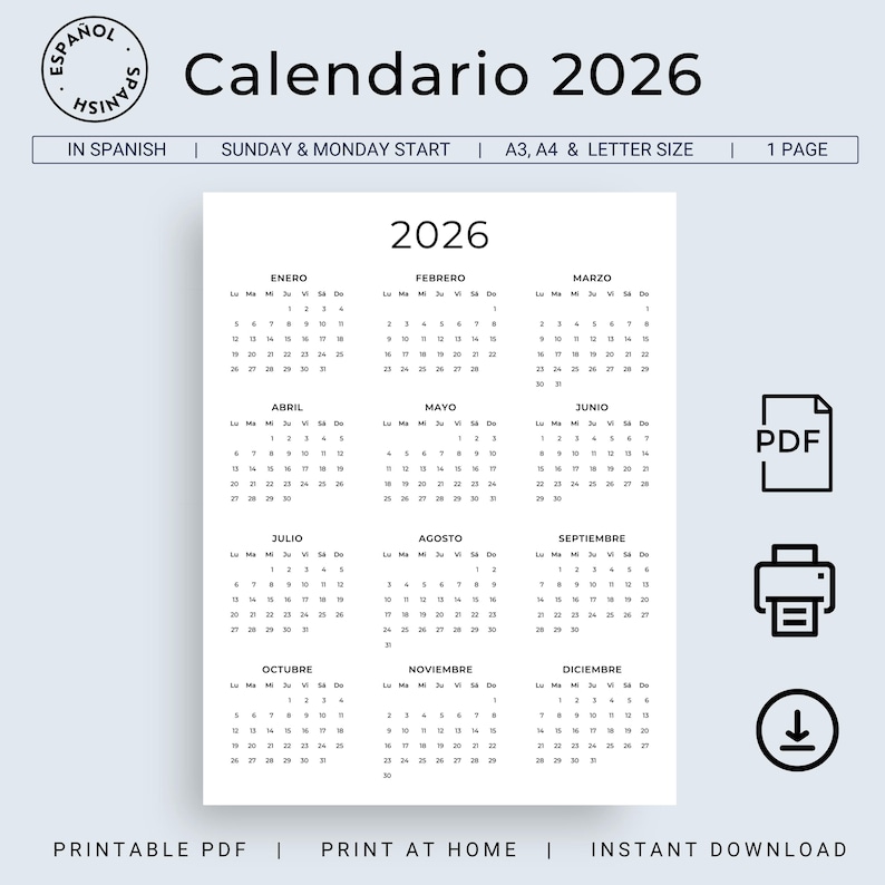 Calendario 2026 Calendario en Español 2026 Calendario Imprimible Calendar Spanish 2026 Printable Minimalist Wall Calendar A3 A4 Letter Size