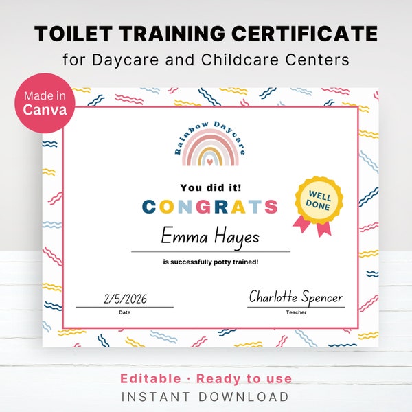 Editable Toilet Training Certificate Potty Training Certificate Daycare Printable Canva Template Childcare Potty Success Milestone Print