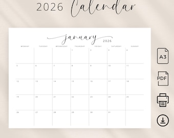 A3 2026 Calendar 2026 Planner A3 Landscape Monthly Calendar 2026 Wall Calendar Horizontal A3 PRINTABLE PDF Sunday & Monday Start Elegant