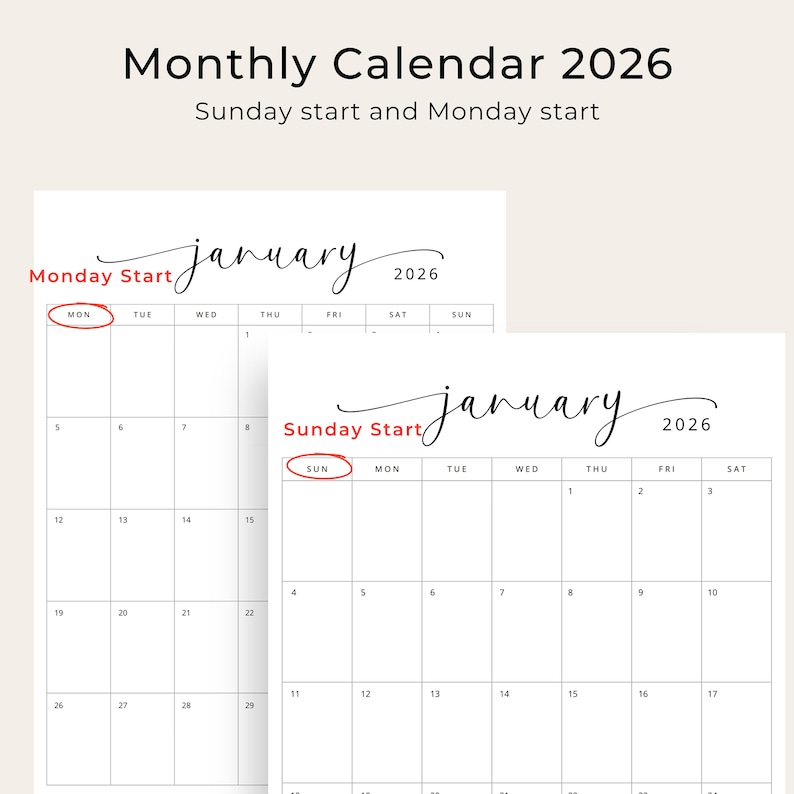 2026 Calendar 2026 Monthly Planner Vertical 2026 Elegant Monthly
