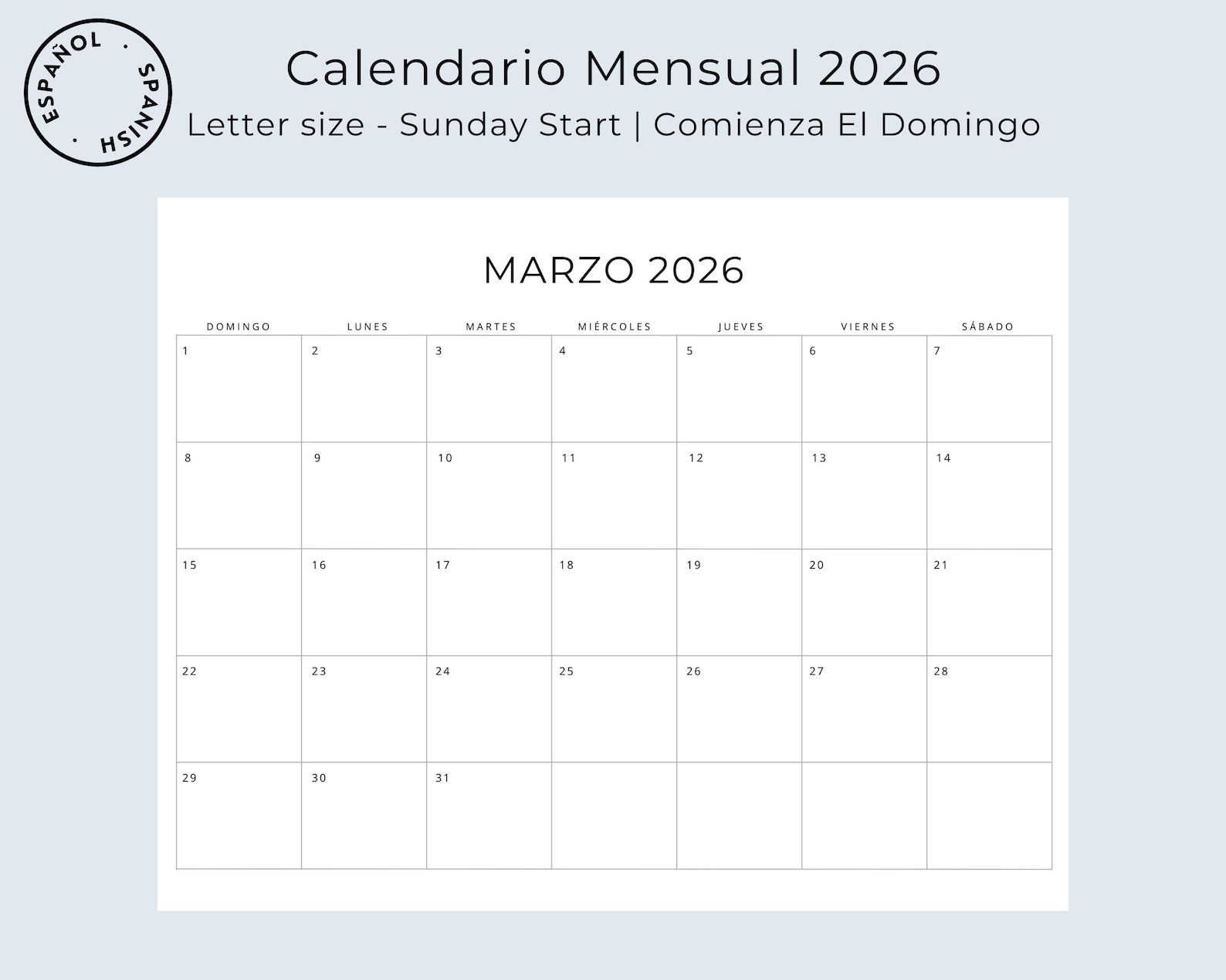 2026 Calendario En Español 2026 Spanish Calendar Calendario Mensual