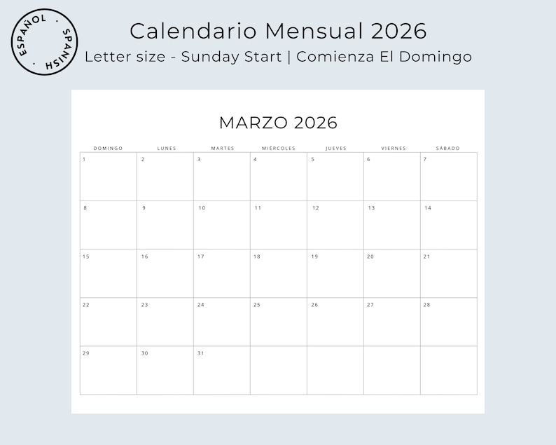 2026 Calendario En Español 2026 Spanish Calendar Calendario Mensual