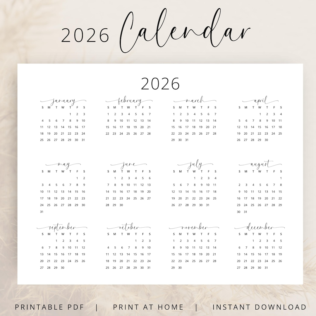 2026 Yearly Calendar 2026 Wall Calendar Landscape 2026 Calendar