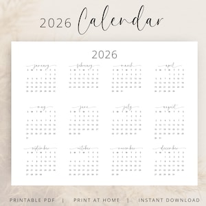 Calendario anual 2026 Calendario de pared 2026 Calendario horizontal 2026 IMPRIMIBLE A3 A4 Carta Lunes y domingo Inicio Elegante Descarga instantánea