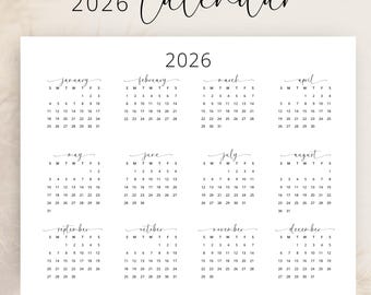 Jaarkalender 2026 2026 wandkalender liggend 2026 kalender AFDRUKBARE 2026 A3 A4 brief maandag & zondag start elegante Instant Download