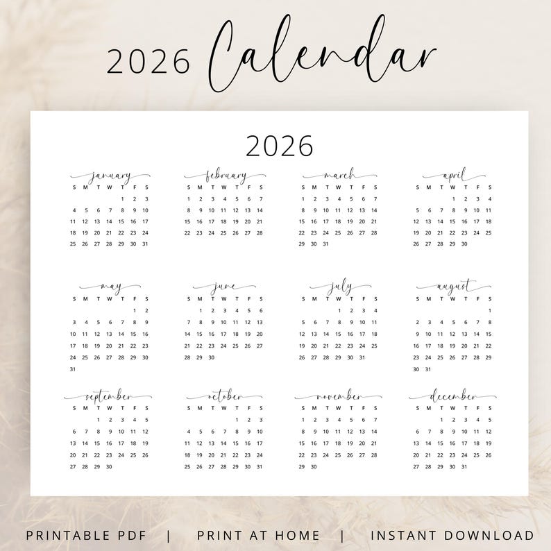 2026 Yearly Calendar 2026 Wall Calendar Landscape 2026 Calendar PRINTABLE 2026 Horizontal Year A3 A4 Letter Monday & Sunday Start Elegant