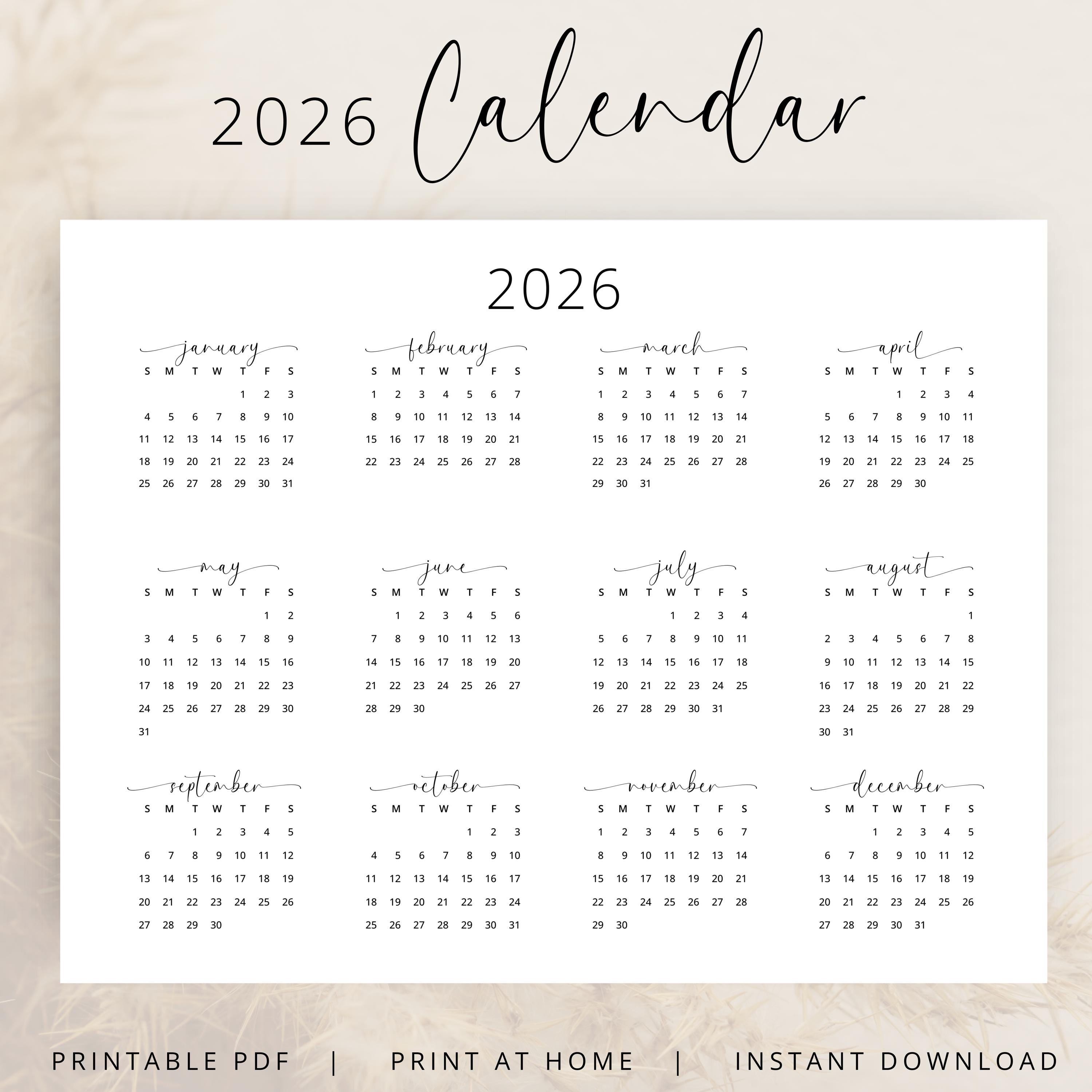 2026 Yearly Calendar 2026 Wall Calendar Landscape 2026 Calendar