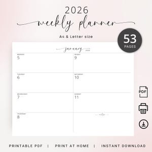 Dated 2026 Weekly Planner 2026 Weekly Agenda Landscape 2026 Journal To Do List Notes Printable PDF Simple Planner Elegant A4 Letter Size