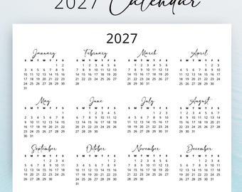 2027 Yearly Calendar 2027 Calendar Landscape Soft Minimalist Wall Calendar 2027 Printable PDF A3 A4 Letter Size Desk Calendar Planner