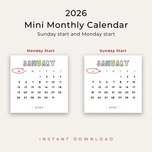 Cute 2026 Mini Calendar Printable 3x3 Inch Monthly PDF Pastel Colors ...