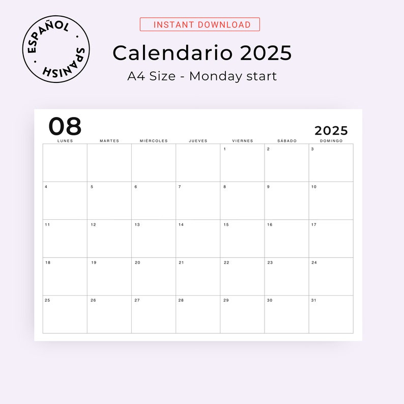 Calendario Español 2025 Calendario Mensual 2025 PRINTABLE Etsy UK
