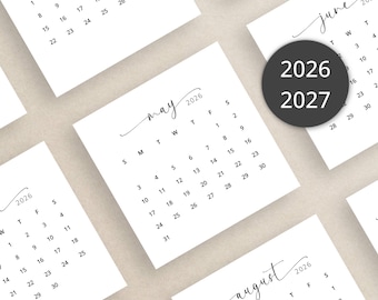 May include: A collection of white 2026 and 2027 calendars with a minimalist design. Each calendar displays a month with the days of the week and dates. The word "may", "june", and "august" are written in cursive.