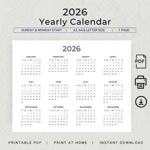 2026 Calendar 2026 Wall Calendar Printable Calendar Landscape 2026 Yearly Calendar Minimalist 2026 Desk Planner Insert PDF A3 A4 Letter Size