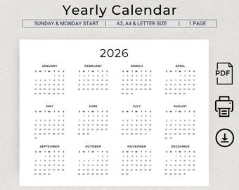 Kalender 2026 Wandkalender 2026 Afdrukbare kalender landschap 2026 Jaarkalender Minimalistisch 2026 Bureauplanner invoegen PDF A3 A4 Letter-formaat