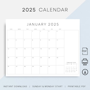 2025 Calendar with Next Month 2025 Monthly Planner Horizontal Minimal Calendar Landscape Wall Calendar PRINTABLE PDF Sunday & Monday Start