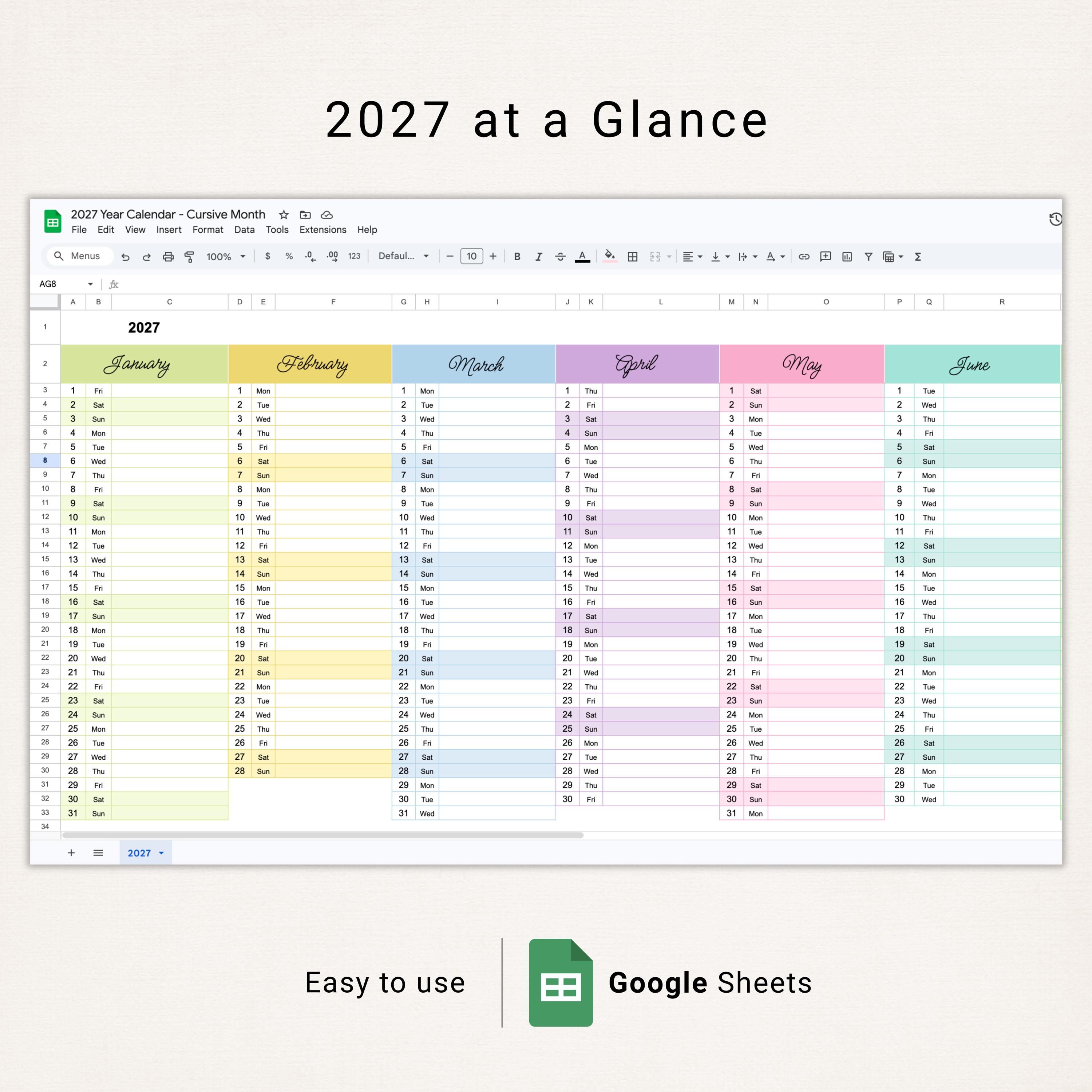 2027 Calendar Google Sheets Template Editable Monthly Digital Planner