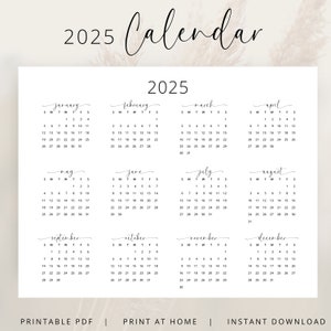 Calendario 2025 Calendario de pared 2025 Paisaje IMPRIMIBLE PDF Calendario anual 2025 Horizontal A3 A4 Letra Lunes y domingo Inicio Elegante
