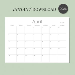 Calendario 2026 Planificador mensual 2026 Calendario de pared elegante con diseño apaisado Calendario de escritorio minimalista 2026 IMPRIMIBLE PDF A4 Carta Descarga instantánea
