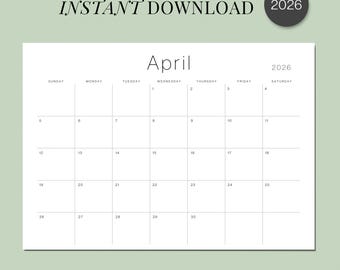 2026 Calendar 2026 Monthly Planner Landscape Classy Wall Calendar 2026 Minimalist Desk Calendar PRINTABLE PDF A4 Letter Instant Download