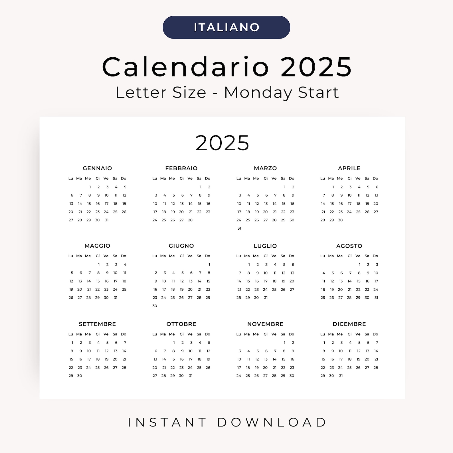 Calendario 2025 Calendario Annuale 2025 Calendario in Italiano 2024 PRINTABLE Italian Calendar