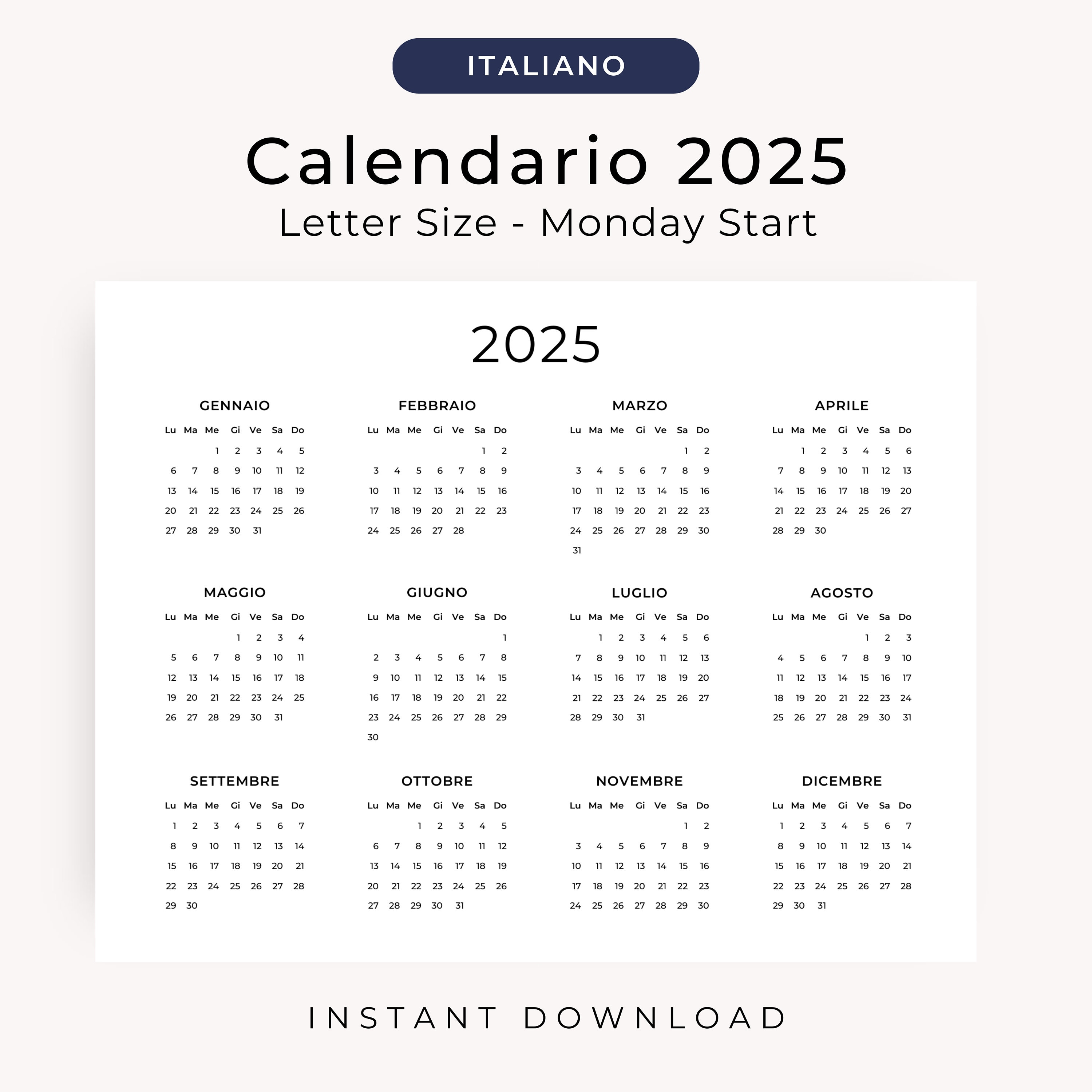 Calendario 2025 Calendario Annuale 2025 Calendario in Italiano 2024 PRINTABLE Italian Calendar