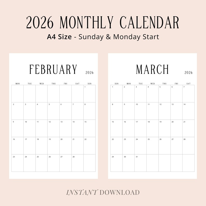 2026 Calendar 2026 Planner Portrait Monthly Calendar 2026 Wall Calendar