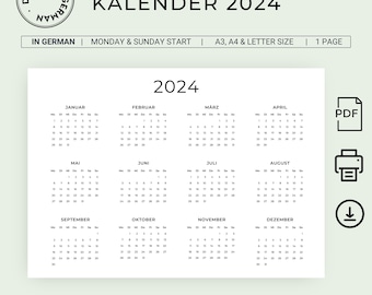Calendrier annuel 2024 Kalender Deutsch Jahreskalender 2024, calendrier allemand 2024 à imprimer, calendrier mural 2024, format A3 et A4, format paysage
