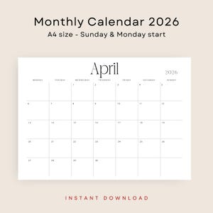 2026 Calendar 2026 Monthly Planner Landscape 2026 Wall Calendar PDF 2026 Desk Planner Minimalist Printable Stylish A4 Letter Size Agenda