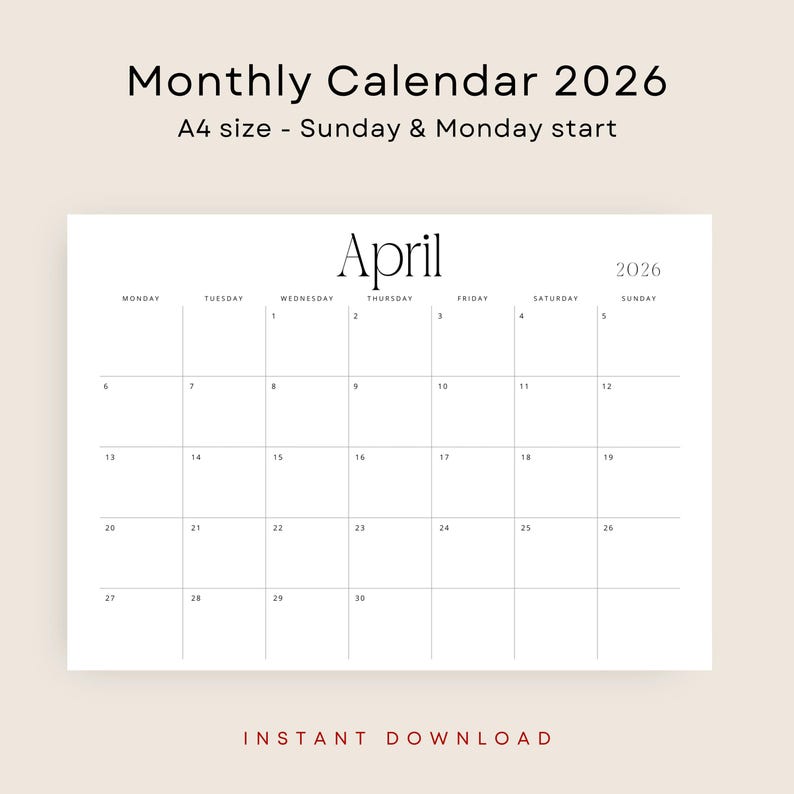 2026 Calendar 2026 Monthly Planner Landscape 2026 Wall Calendar PDF 2026 Desk Planner Minimalist Printable Stylish A4 Letter Size Agenda