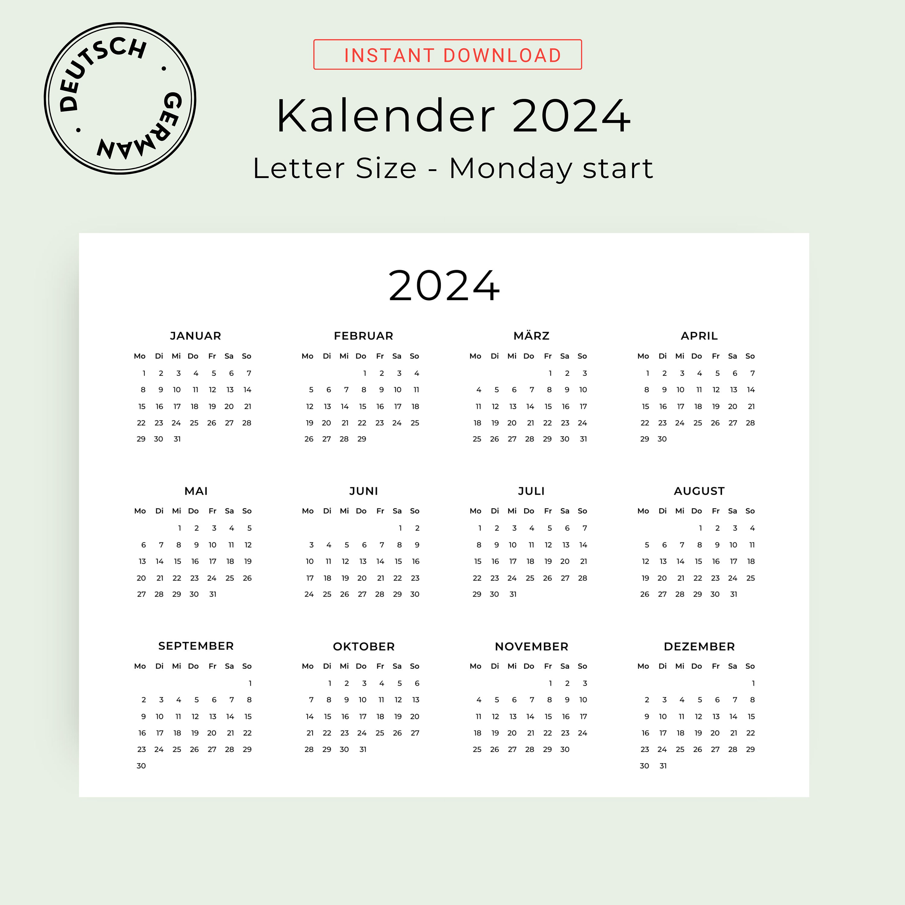 Kalender 2024 Kalender Deutsch Jahreskalender 2024 Yearly Calendar 2024