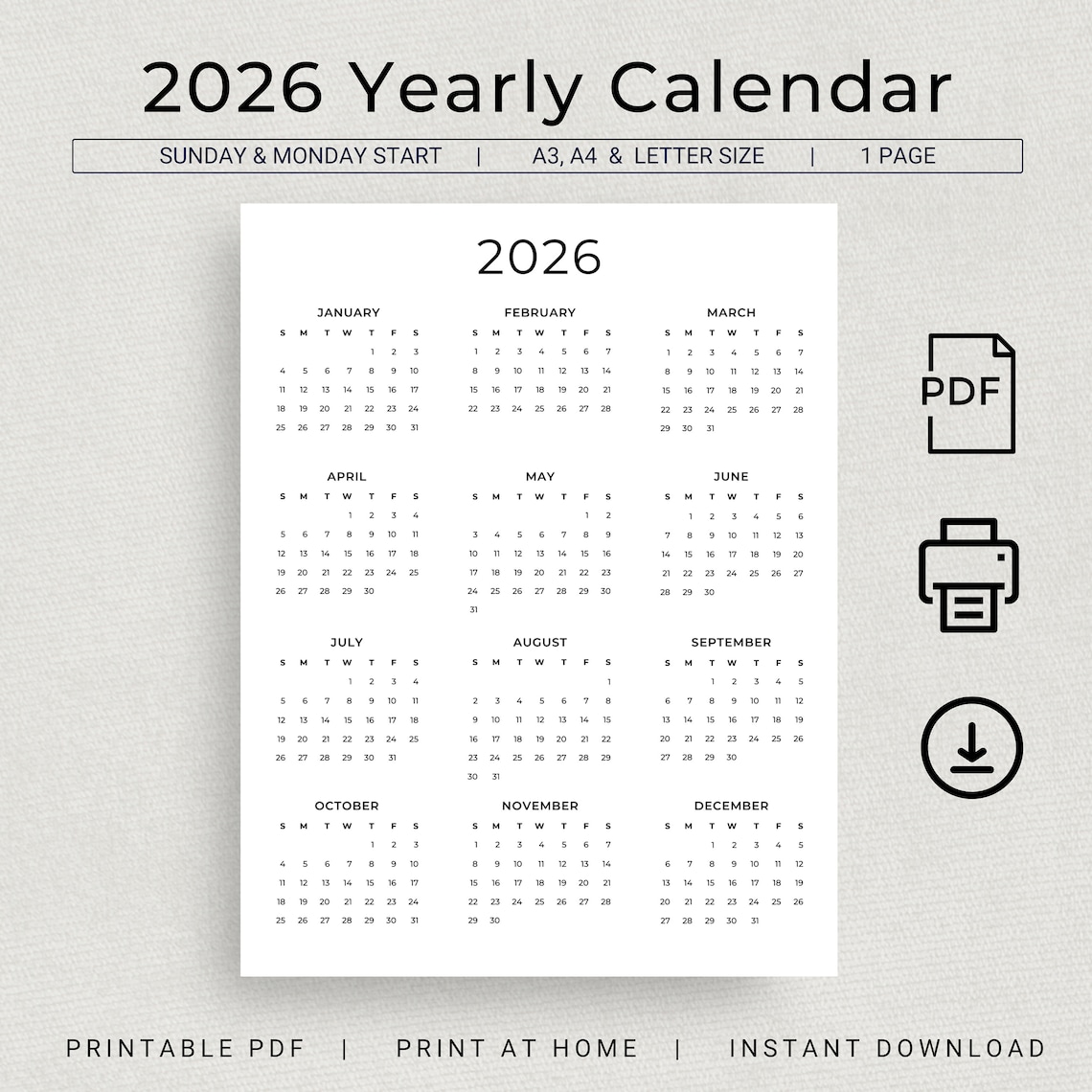 2026 Calendar 2026 Yearly Calendar Printable 2026 Wall Calendar 2026