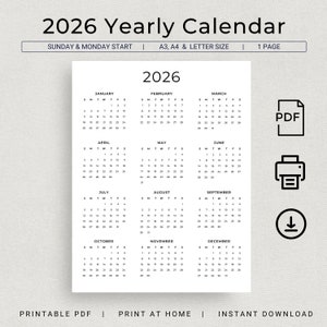 2026 Calendar 2026 Yearly Calendar Printable 2026 Wall Calendar 2026 ...