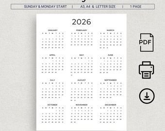 2026 Calendar 2026 Yearly Calendar Printable 2026 Wall Calendar 2026 Year at a Glance Minimalist Calendar A3 A4 Letter Monday & Sunday Start