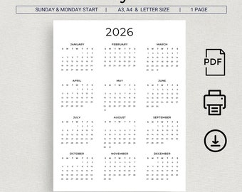 Printable 2026 Year View Calendar - Etsy