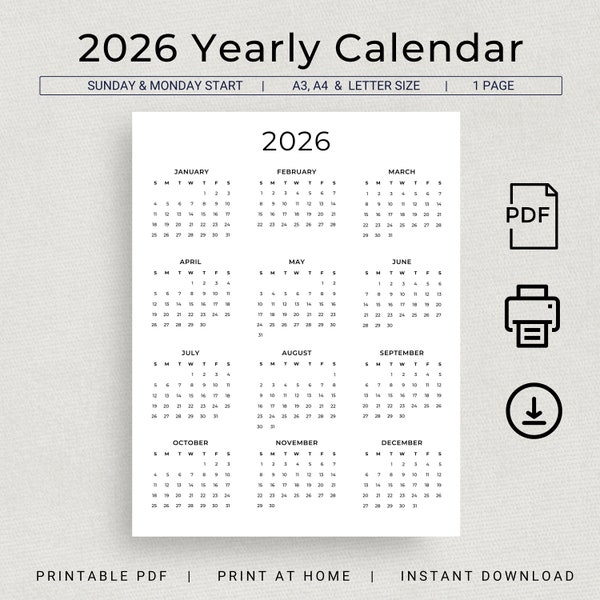 2026 Calendar 2026 Yearly Calendar Printable 2026 Wall Calendar 2026 Year at a Glance Minimalist Calendar A3 A4 Letter Monday & Sunday Start