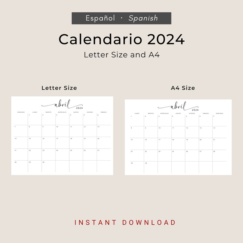 2024 Calendario 2024 Calendario Mensual Imprimible 2024 PRINTABLE