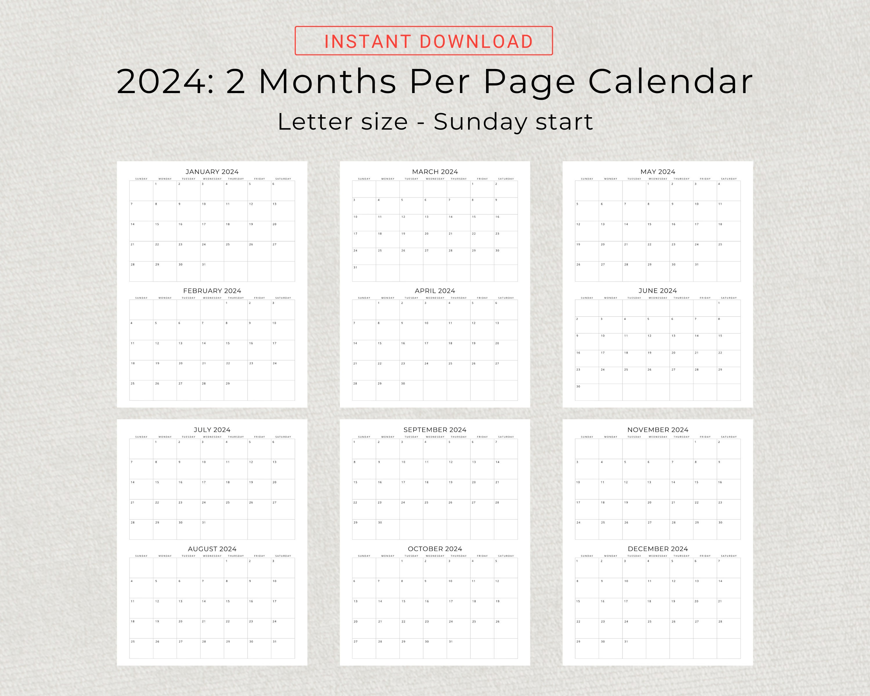 5 Years Calendar 2024 to 2028 2 Months per Page Calendar Monthly ...