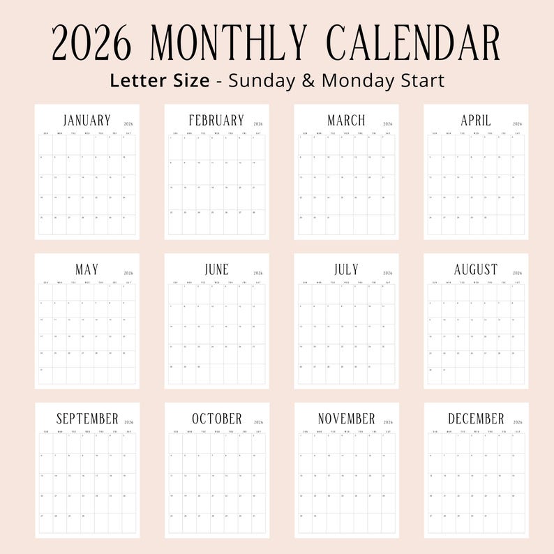 2026 Calendar 2026 Planner Portrait Monthly Calendar 2026 Wall Calendar