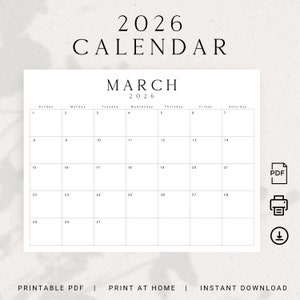 May include: A printable calendar for March 2026. The calendar is in black and white and has a simple design. It is a PDF file that can be downloaded and printed at home.