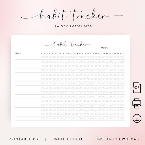 Habit Tracker Printable PDF Monthly Habit Tracker Landscape Routine Tracker 30 Day Tracker Blank  Tracker A4 Letter Elegant Instant Download