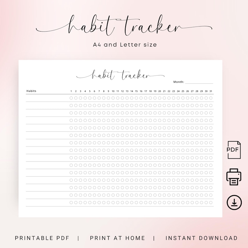 Habit Tracker Printable PDF Monthly Habit Tracker Landscape Routine Tracker 30 Day Tracker Blank  Tracker A4 Letter Elegant Instant Download