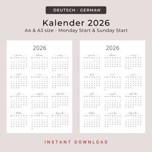 Kalender 2026 Kalender Deutsch Kalender zum ausdrucken 2026 Deutschland in German 2026 Portrait PRINTABLE German Calendar 2026 Vertical PDF