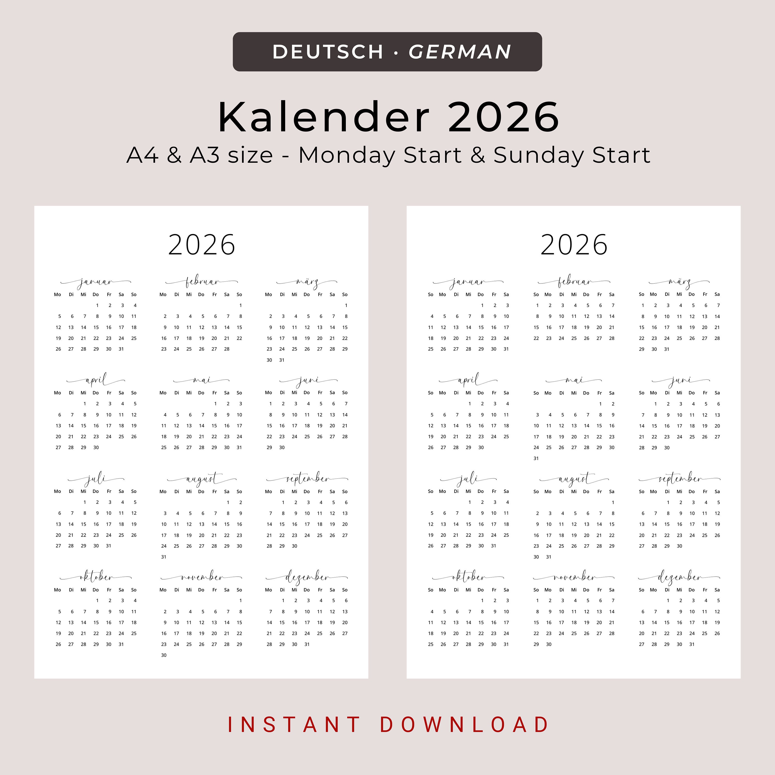 Kalender 2026 Kalender Deutsch Kalender zum Ausdrucken 2026 Deutschland