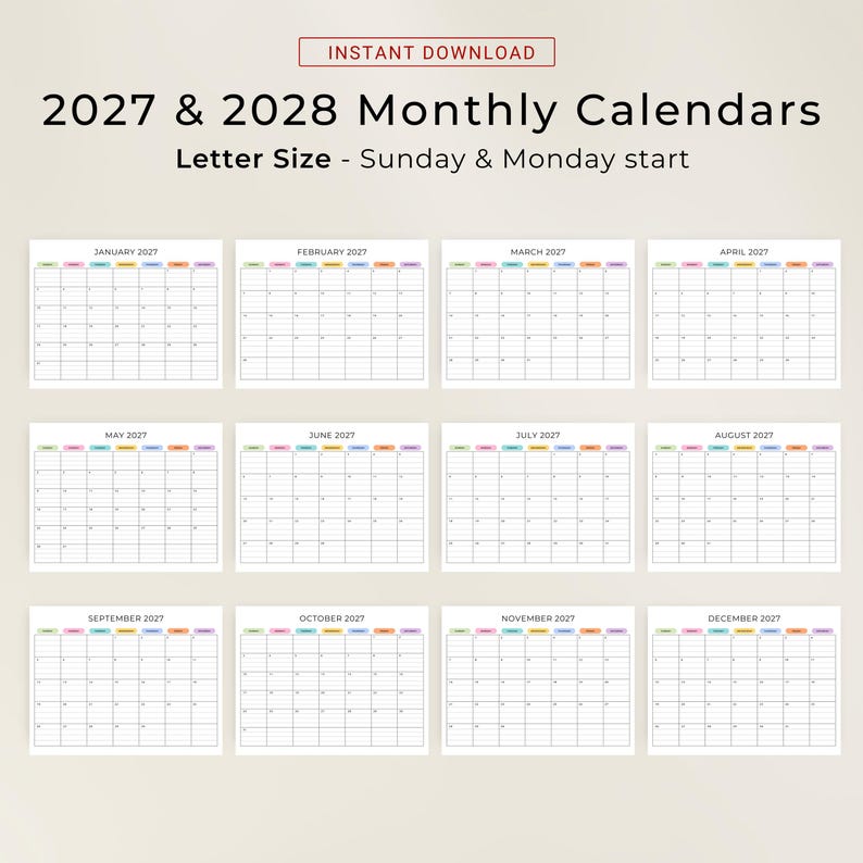 2027 2028 Monthly Calendar With Lines PRINTABLE PDF 2027-2028 Planner ...