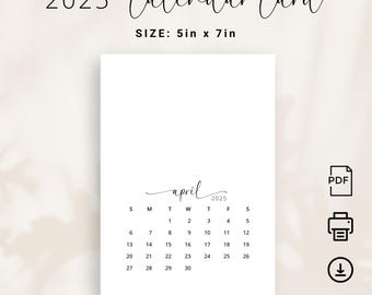 2025 Monthly Calendar Card | 5x7 2025 Calendar | Card PRINTABLE Elegant ...